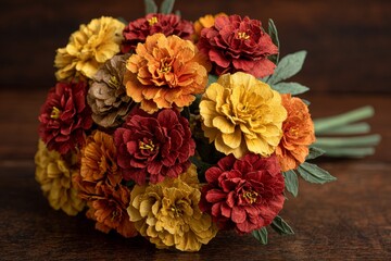 A close-up view of a vibrant bouquet of paper flowers, featuring rich autumnal tones of orange, red, and yellow.  The textured petals and deep background evoke a cozy autumnal mood.