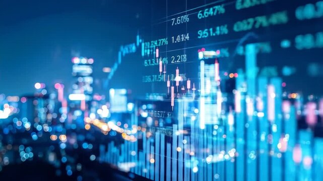 Blurred cityscape overlaid with financial chart data on a blue-toned screen