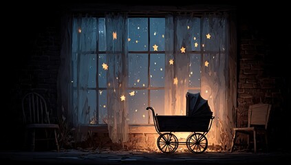A vintage baby carriage sits by a window at night, bathed in starlight