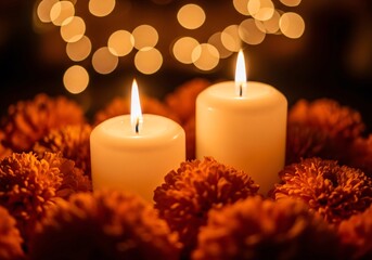 Warm glowing candles illuminate vibrant marigold flowers on day of the dead altar
