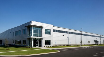Modern industrial building exterior with parking under blue sky