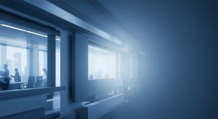 Blue background with space for text, Modern office interior with professional people