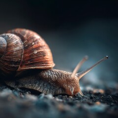 A detailed closeup captures a snail with its distinctive shell antennae textured body and surrounding soil
