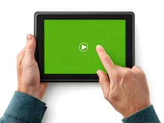 A person uses their finger to press the play button on a tablet with a green screen on a white background.