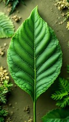 Macro close up of green leaf showing detailed vein pattern. Perfect for eco design, nature background, organic concept, and botanical texture visuals