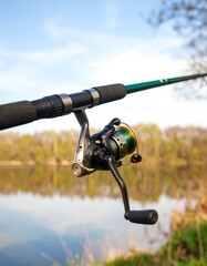 Fishing rod by a calm lake