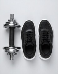 Fitness gear, dumbbells and sneakers