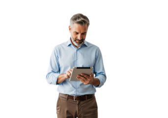 Photo of middle aged man using tablet isolated on transparent background