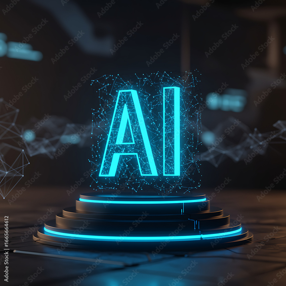Poster futuristic concept of artificial intelligence featuring a glowing blue ai text hologram displayed on