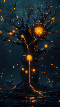 A surreal tree with glowing circular patterns, blending nature and technology, set against a dark, misty backdrop.