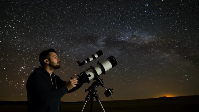 A man observes the night sky, filled with stars, through a large telescope at night
