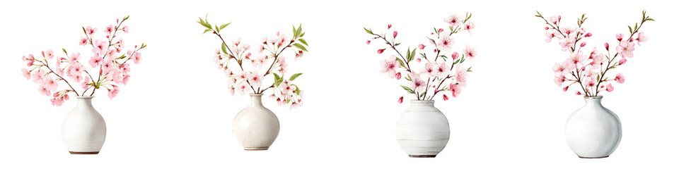 Cherry Blossom in Vases: Watercolor Illustration of Spring Blooms on White Background
