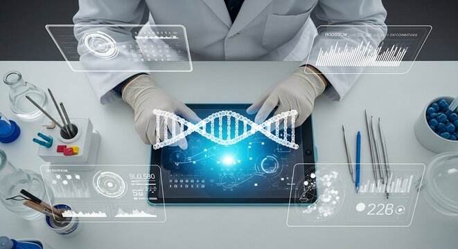 Scientist Analyzing Luminous DNA Helix on a Tablet with Futuristic Holographic Data Displays.