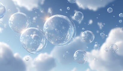 Transparent bubbles are floating in the blue sky with white clouds, creating a light and dreamy scene.