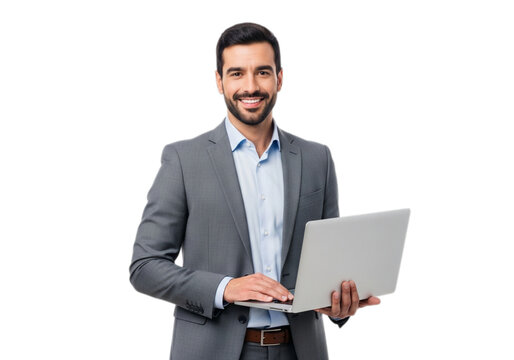 Photo of smiling businessman in suit holding laptop isolated on transparent background - Powered by Adobe