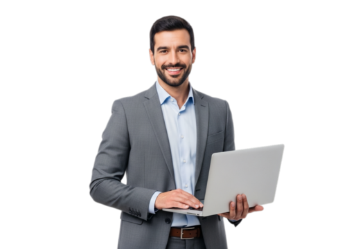 Photo of smiling businessman in suit holding laptop isolated on transparent background