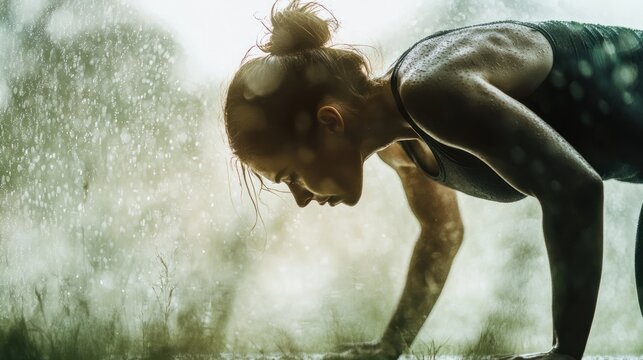 Focused woman in a strenuous yoga pose, bathed in sunlight, against a backdrop of misty spray.