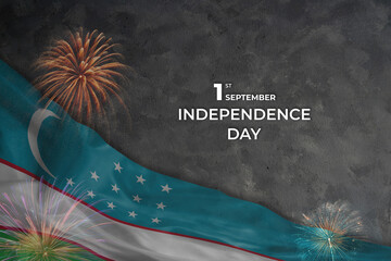 Uzbekistan independence day greetings card with flag and fireworks