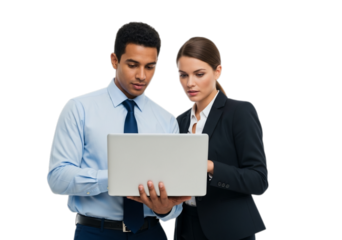 Photo of business man and woman looking at laptop isolated on transparent background