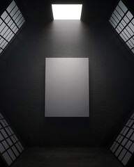 Dramatic spotlight illuminates a square object on a dark stage with grid patterned lighting panels on the sides creating an atmospheric scene