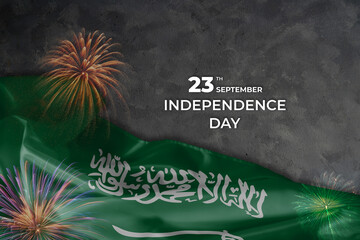 Saudi Arabia independence day greetings card with flag and fireworks