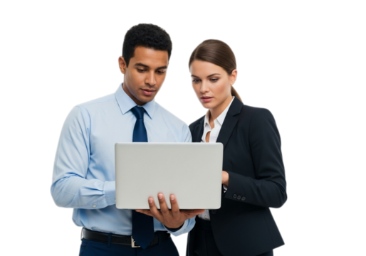 Photo of business man and woman looking at laptop isolated on transparent background - Powered by Adobe