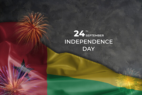Guinea Bissau independence day greetings card with flag and fireworks