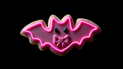 Pink bat shaped cookie with neon icing and bow, perfect for halloween party treats or festive dessert table, playful and cute style
