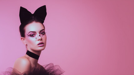 Pink halloween makeup with dramatic eyeliner and bow headband creates playful festive look on young woman against pink background