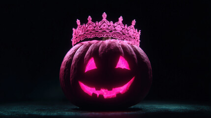 Pink halloween pumpkin with glowing carved face and lace crown creates whimsical spooky atmosphere perfect for festive celebrations