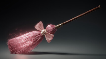 Pink broom with sparkling bristles and decorative bow creates magical halloween atmosphere perfect for festive cleaning or witch costume