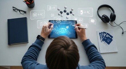 Student Engaged in Interactive Learning with Tablet, Surrounded by Educational Icons and Tools