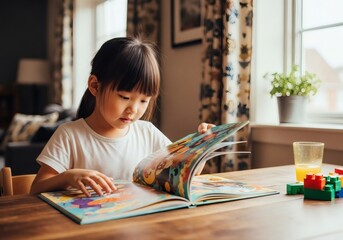  a Young asian Girl read Colorful Storybook A Moment of Childhood Wonder.