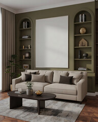 Cozy living room with plush sofa modern coffee table and decorative shelves filled with books and objects creating a warm and inviting atmosphere for relaxation and entertainment.