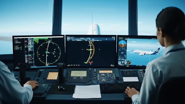 Air Traffic Controllers Monitoring Commercial Flight in Modern Control Tower with Multiple Screens