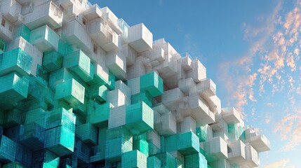 Abstract, geometric structure of stacked cubes in white and teal, against a vibrant sky
