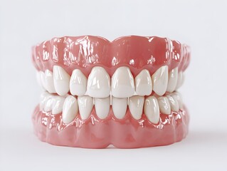 Obraz premium A set of complete dentures, showing the upper and lower teeth, is displayed against a bright white background.