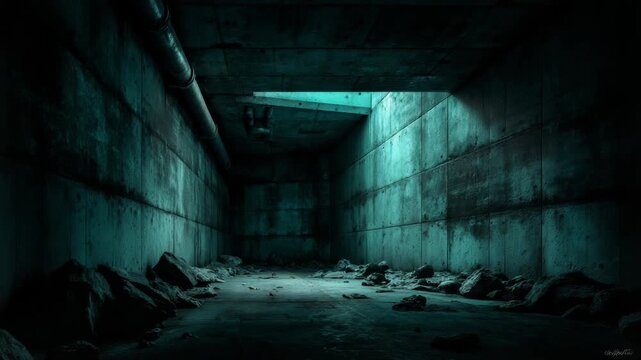 Ominous teal underground tunnel featuring concrete walls, pipe, rocks, and skylight