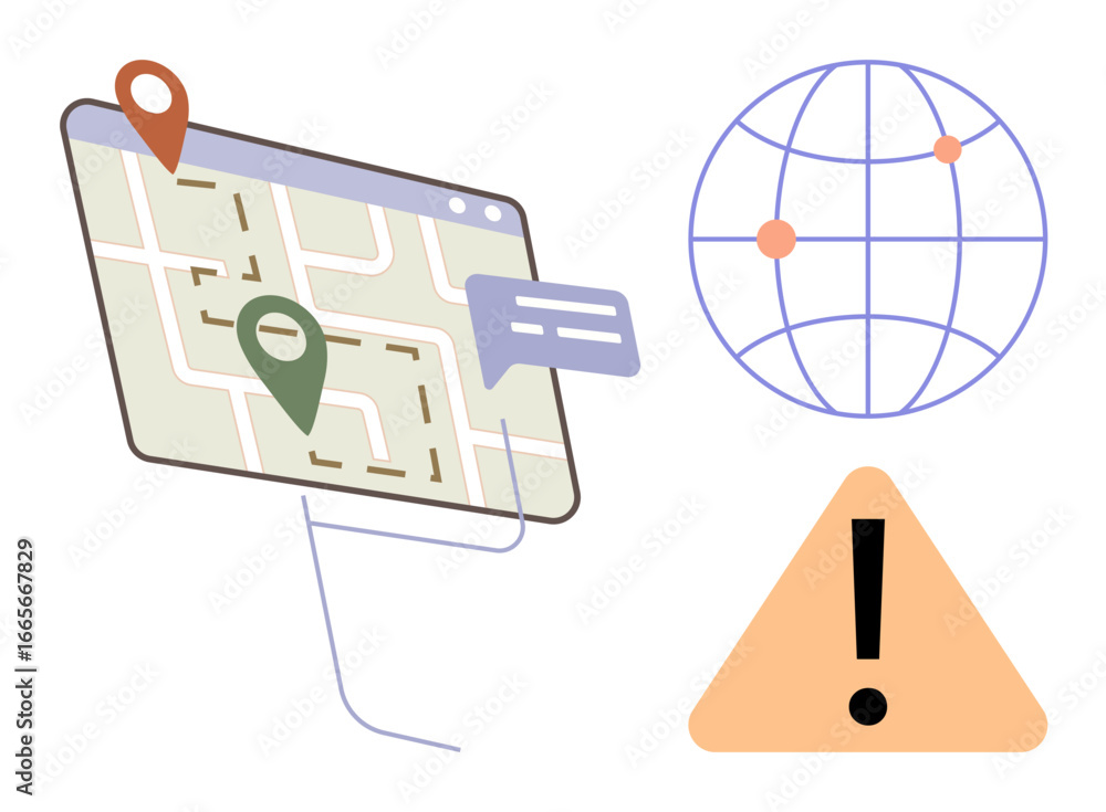Aufkleber digital map with location pins, chat bubble, global grid with points, and triangle warning sign. ide