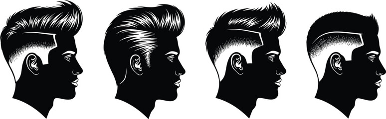 Four male profile illustrations with modern fade haircuts, vector design for men’s grooming, hairstyle trends, barber reference, and fashion themes