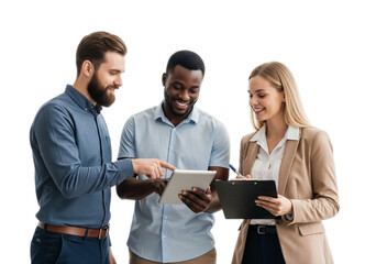 Photo of three diverse business people are working together isolated on transparent background
