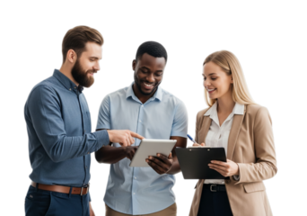 Photo of three diverse business people are working together isolated on transparent background