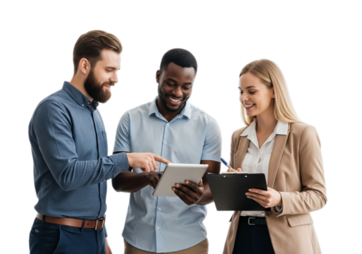 Photo of three diverse business people are working together isolated on transparent background