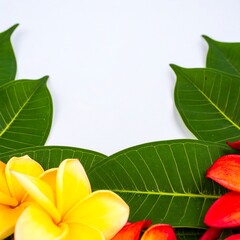 Floral arrangement of Plumeria flowers and leaves