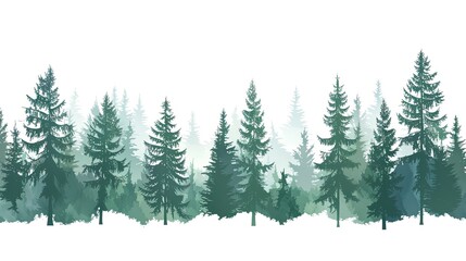 Obraz premium Minimalist flat design of a pine forest skyline, layered tree silhouettes in varying shades of green, clean geometric shapes, solid color blocks, white background