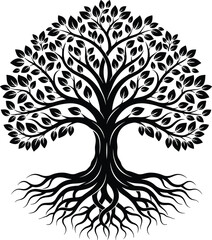 Tree of Life silhouette with detailed branches and roots, vector illustration for nature, growth, spirituality, connection, and symbolic design themes