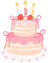 Birthday Cake Clipart, Pink Cute Cake with Candles PNG, Kawaii Strawberry Bow Illustration, Party Celebration Dessert Design