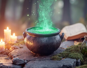 Witch’s Glowing Cauldron with Green Smoke in Dark Forest Clearing