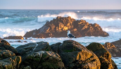 A solitary seagull perched atop a rugged coastal rock formation, amidst crashing waves and a dramatic sunset sky.