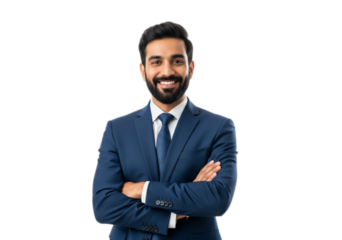 Photo of confident businessman in suit with arms crossed isolated on transparent background